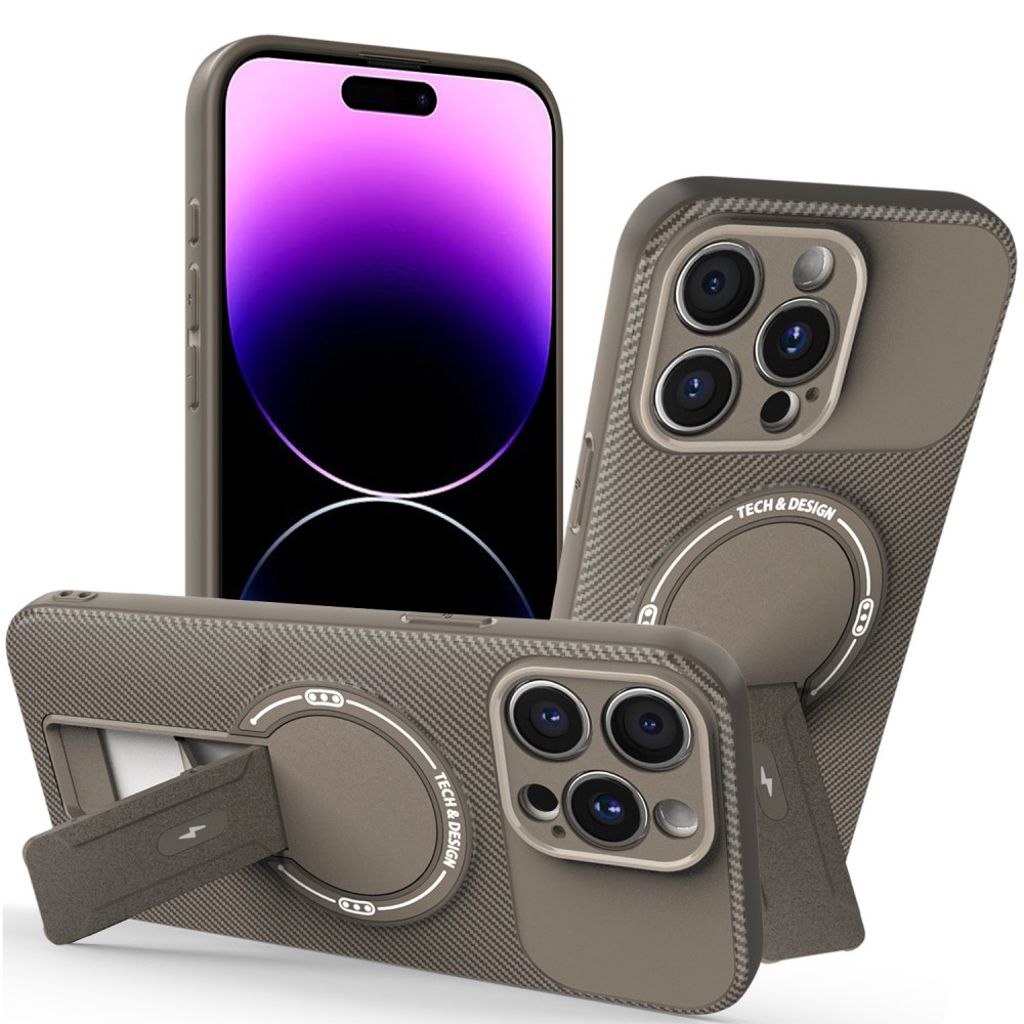 iPhone 14 Pro Skal Stativ Kolfibertextur - Brun