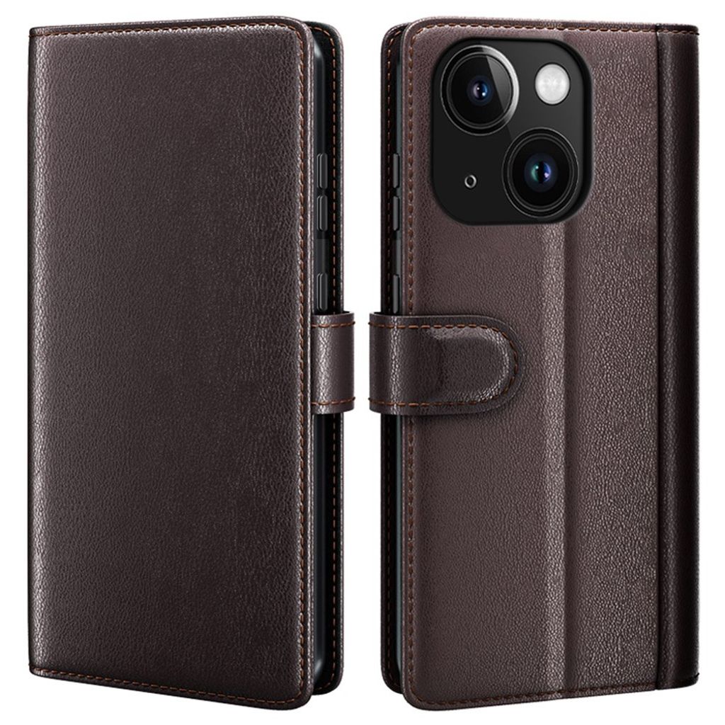 AMORUS iPhone 15 Wallet Cover Stand Real Leather – Brown