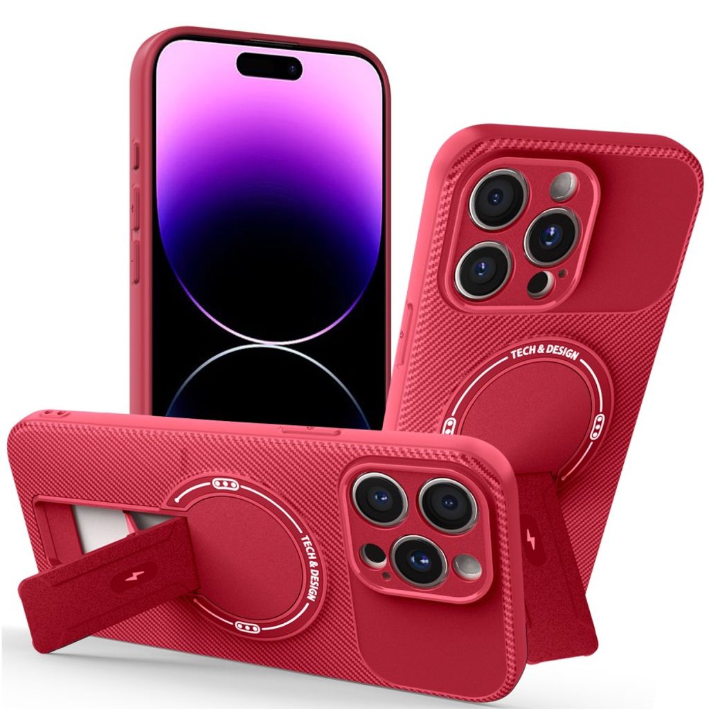 iPhone 14 Pro Max Skal Stativ Kolfibertextur – Röd