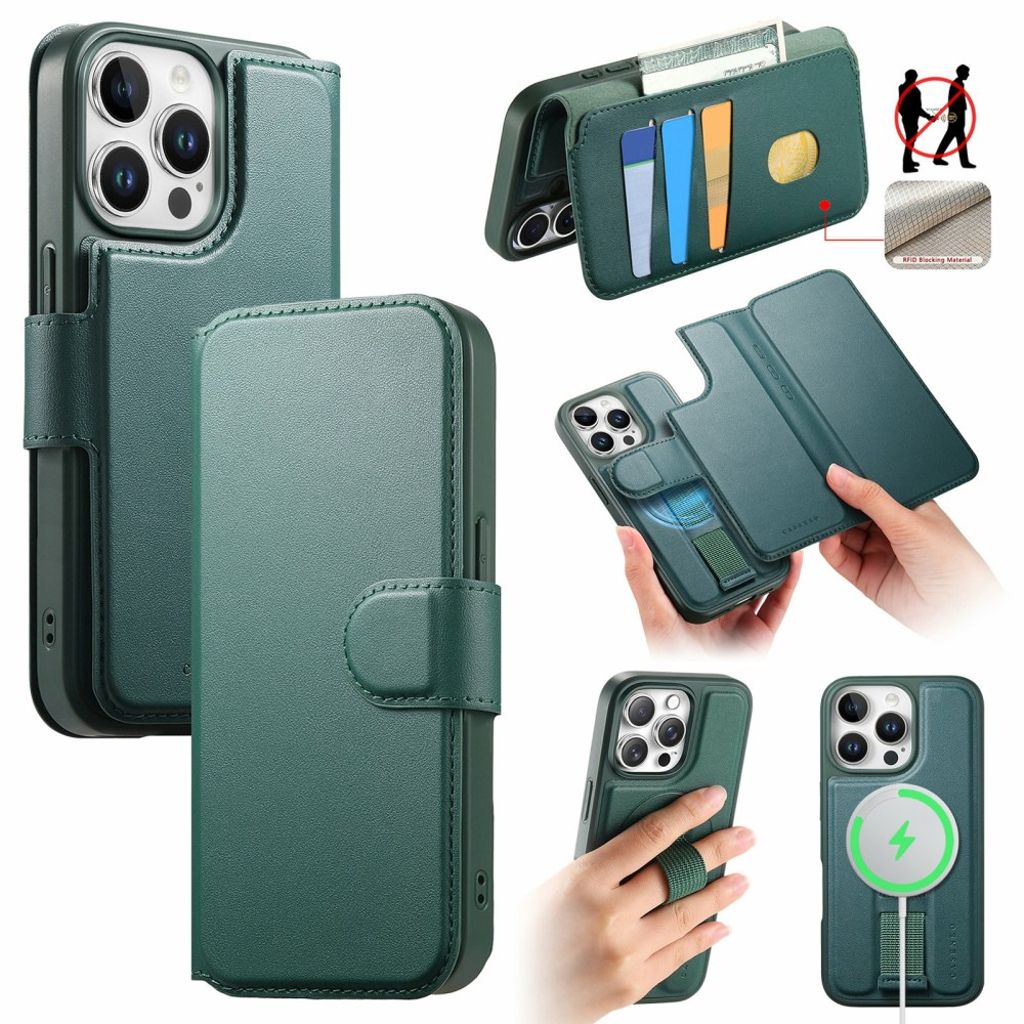 CASENEO iPhone 15 Pro MagSafe Wallet Cover Detachable Wallet - Green