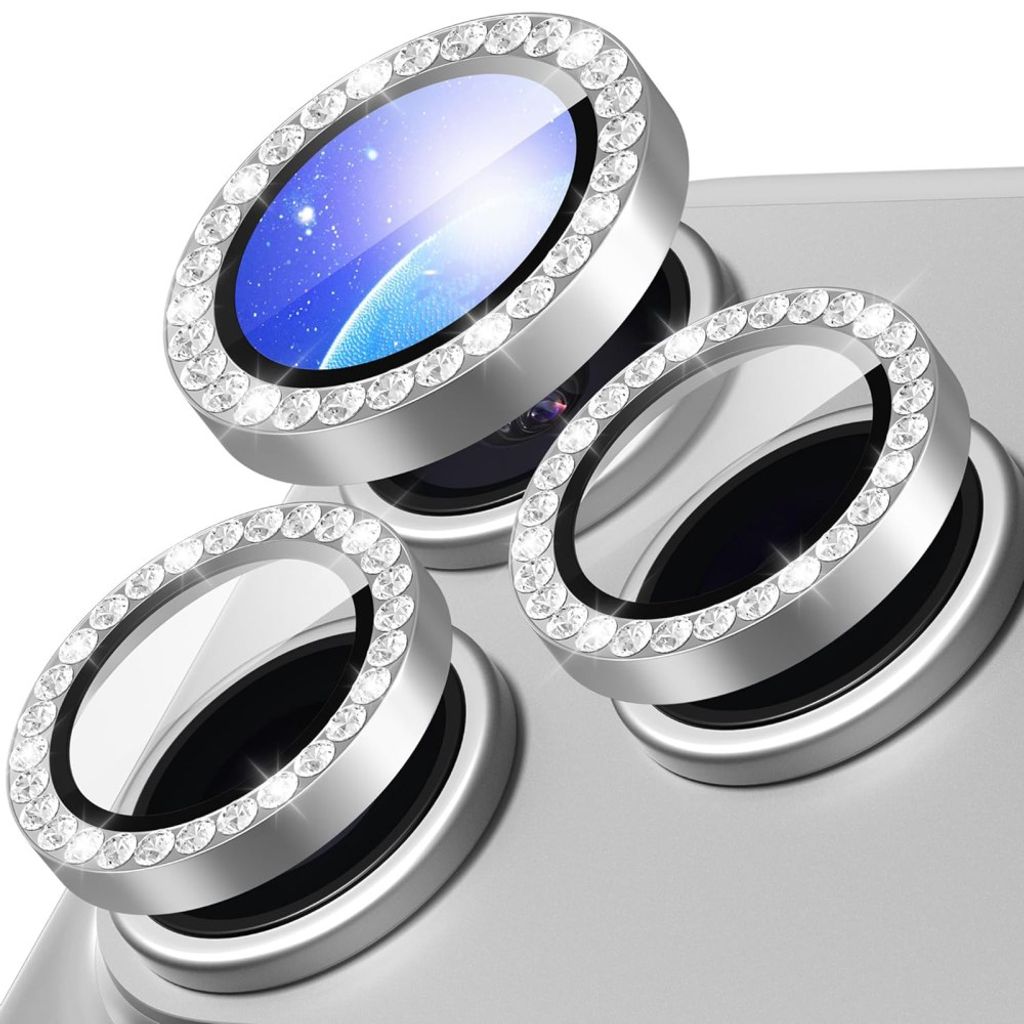 iPhone 18 Pro Linsskydd Härdat Glas med Strass - Silver