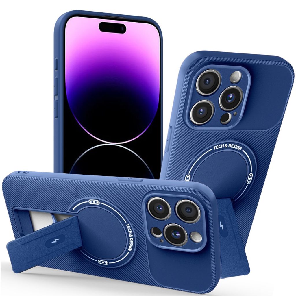 iPhone 14 Pro Max Skal Stativ Kolfibertextur – Blå