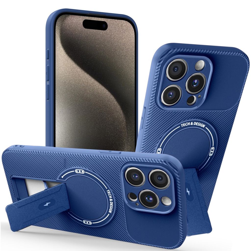 iPhone 15 Pro Skal Stativ Kolfibertextur - Blå