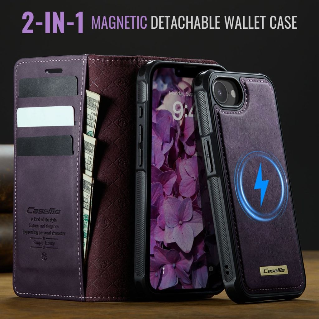CASEME C49 Cover for iPhone 16e with Wallet, RFID Blocking & MagSafe – Purple