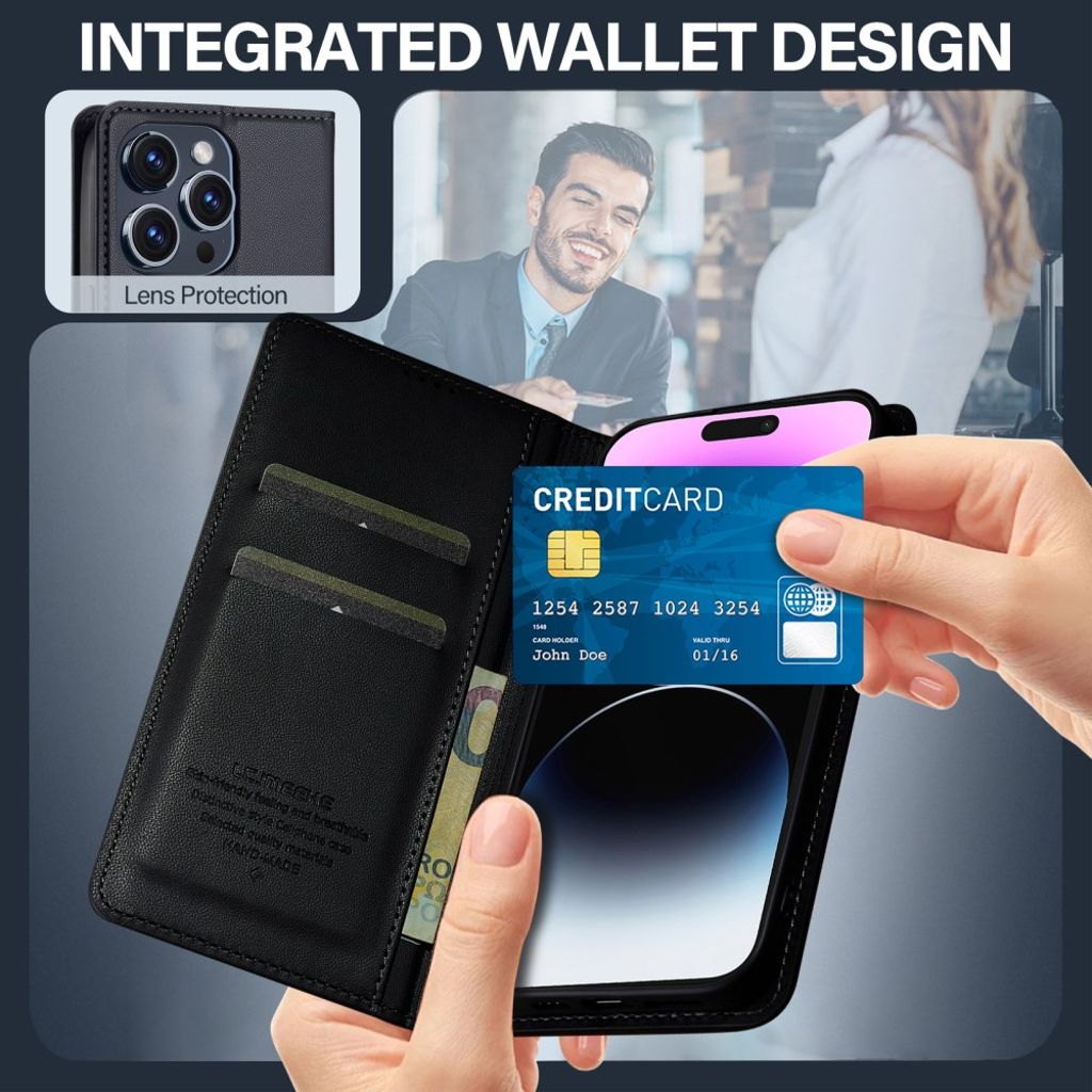 LC.IMEEKE iPhone 14 Pro Max Wallet Cover Stand - Black