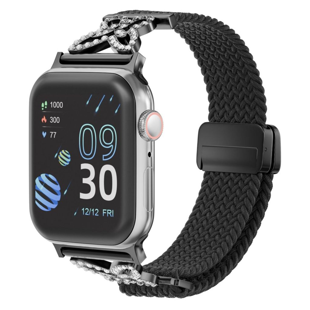 Apple Watch 42/41/40/38mm Flätat Klockarmband i Nylon med Strass - Svart