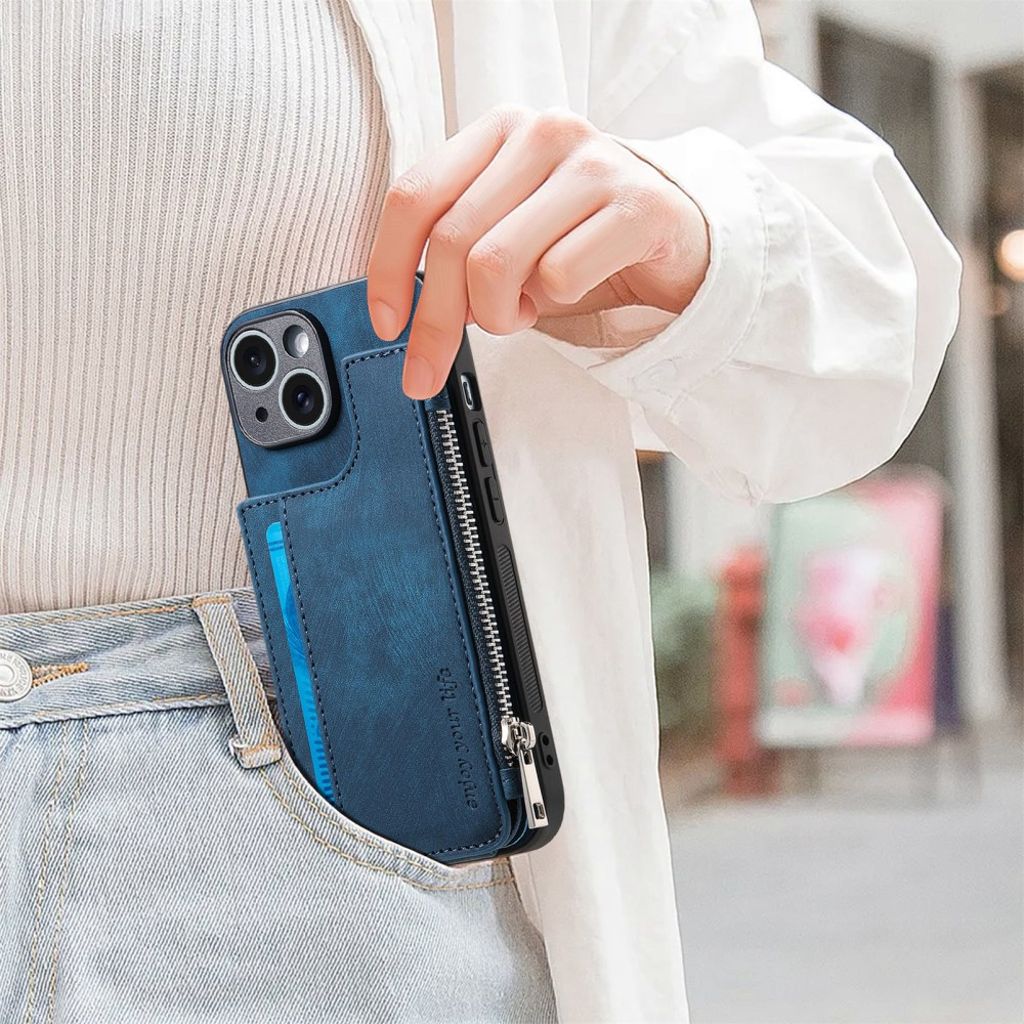 iPhone 14 Pungcover med Kortholder/Stativ – Blå