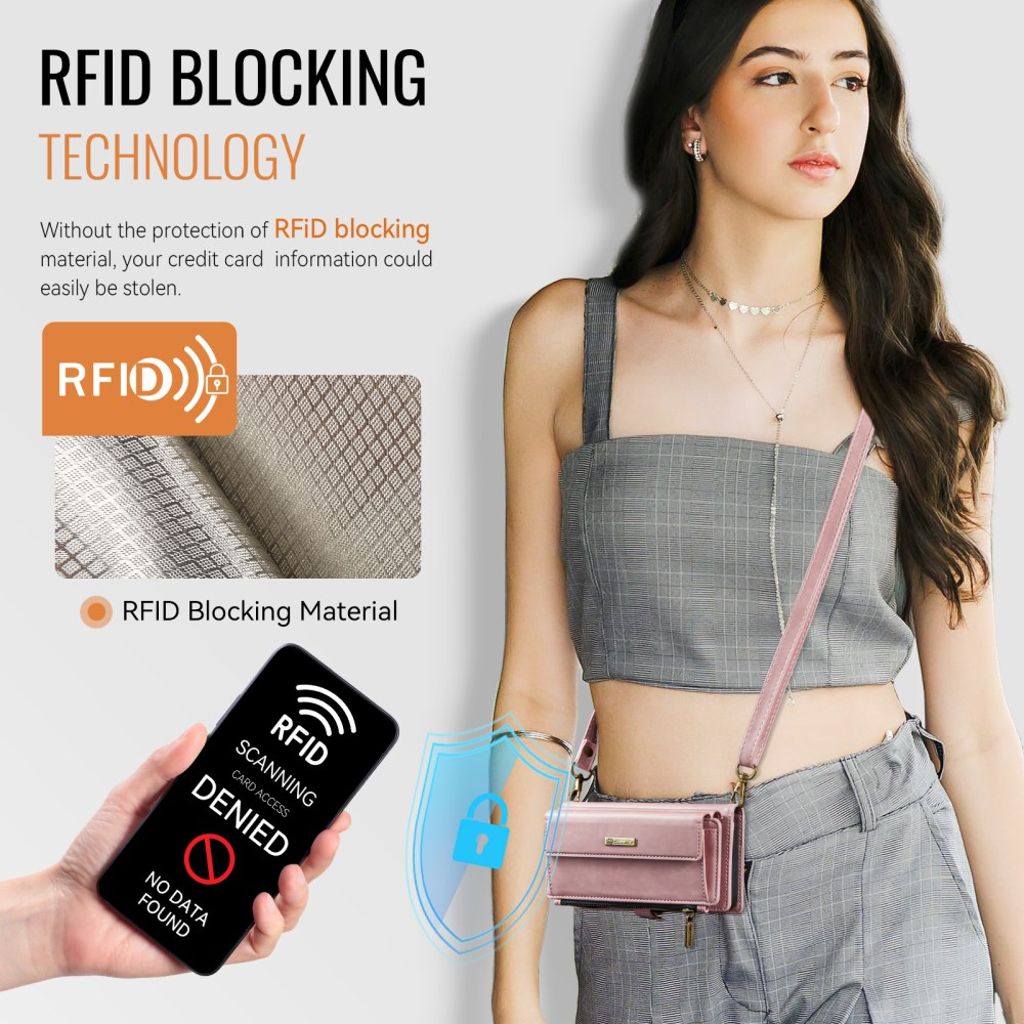 CASEME iPhone XR Plånboksfodral RFID Dragkedja Stativ med Rem – Rosa