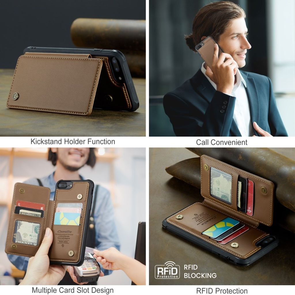 CASEME iPhone 6 Plus/6s Plus/7 Plus/8 Plus Kuori 5 Korttipaikka - Ruskea