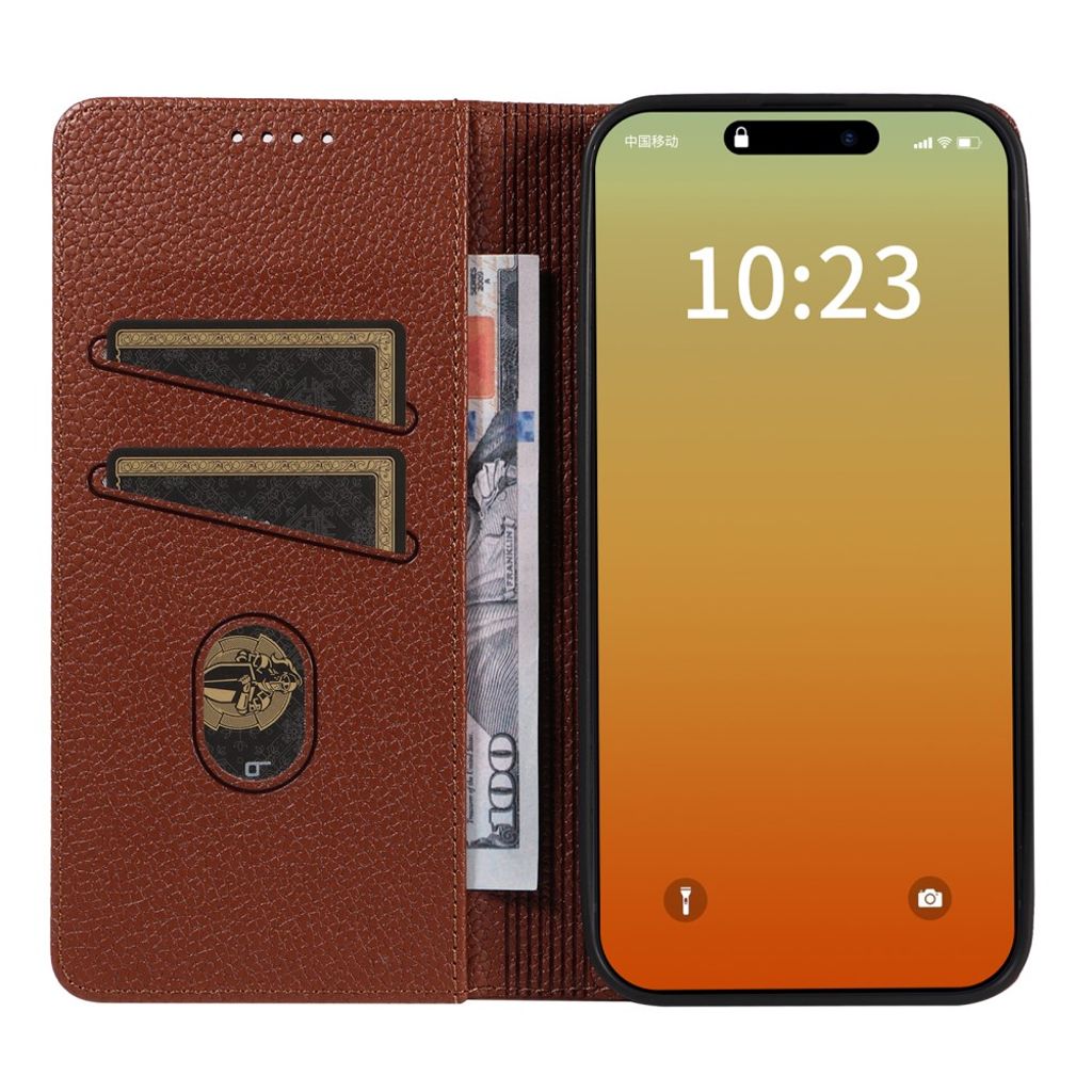 iPhone 14 Pro Wallet Cover RFID Blocking Stand - Brown