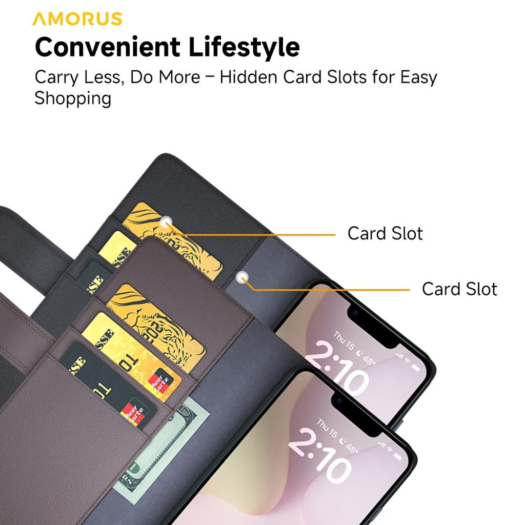 AMORUS iPhone 16e Wallet Cover Stand Real Leather - Black