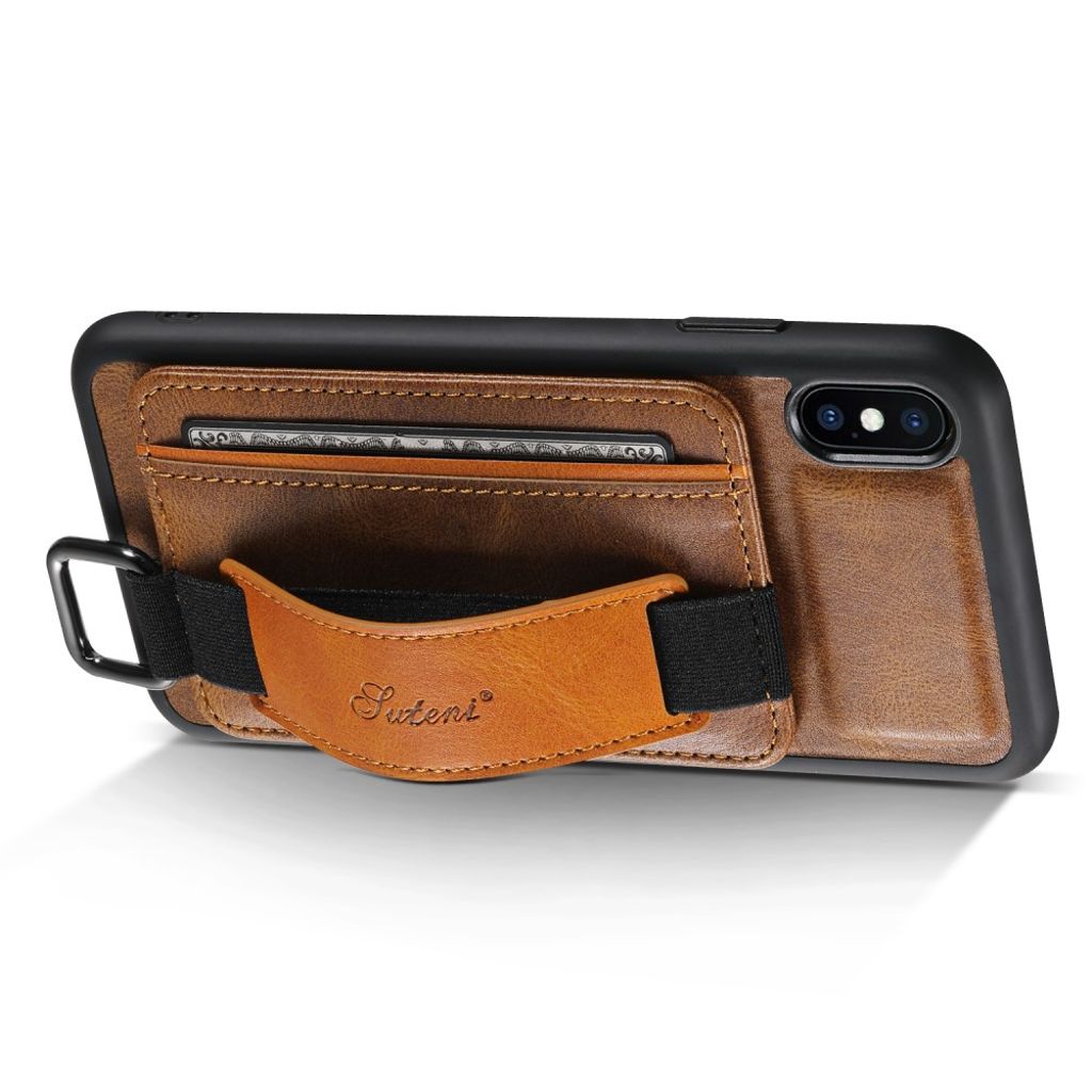 SUTENI iPhone XS Max Cover Kortholder & Kickstand – Brun
