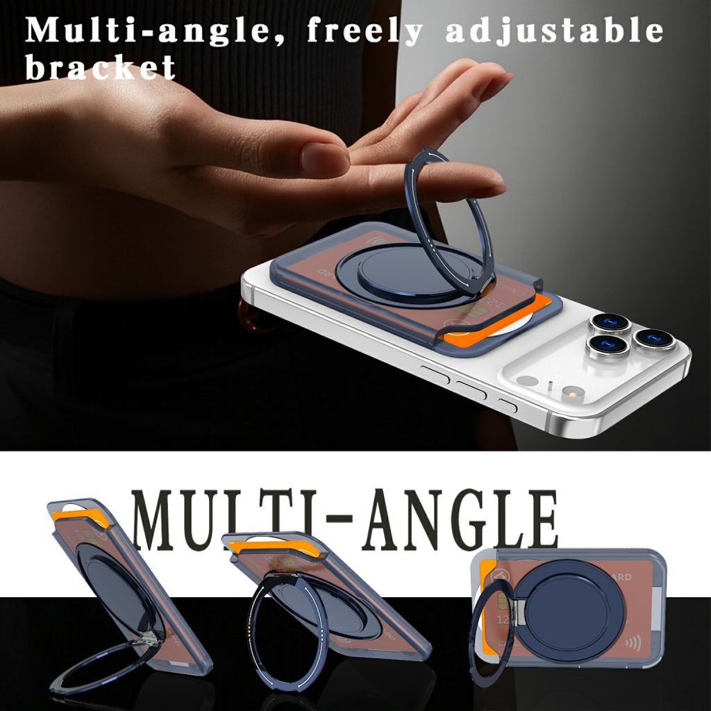 Magnetisk kortholder for mobiltelefon med ringstativ - gjennomsiktig blå