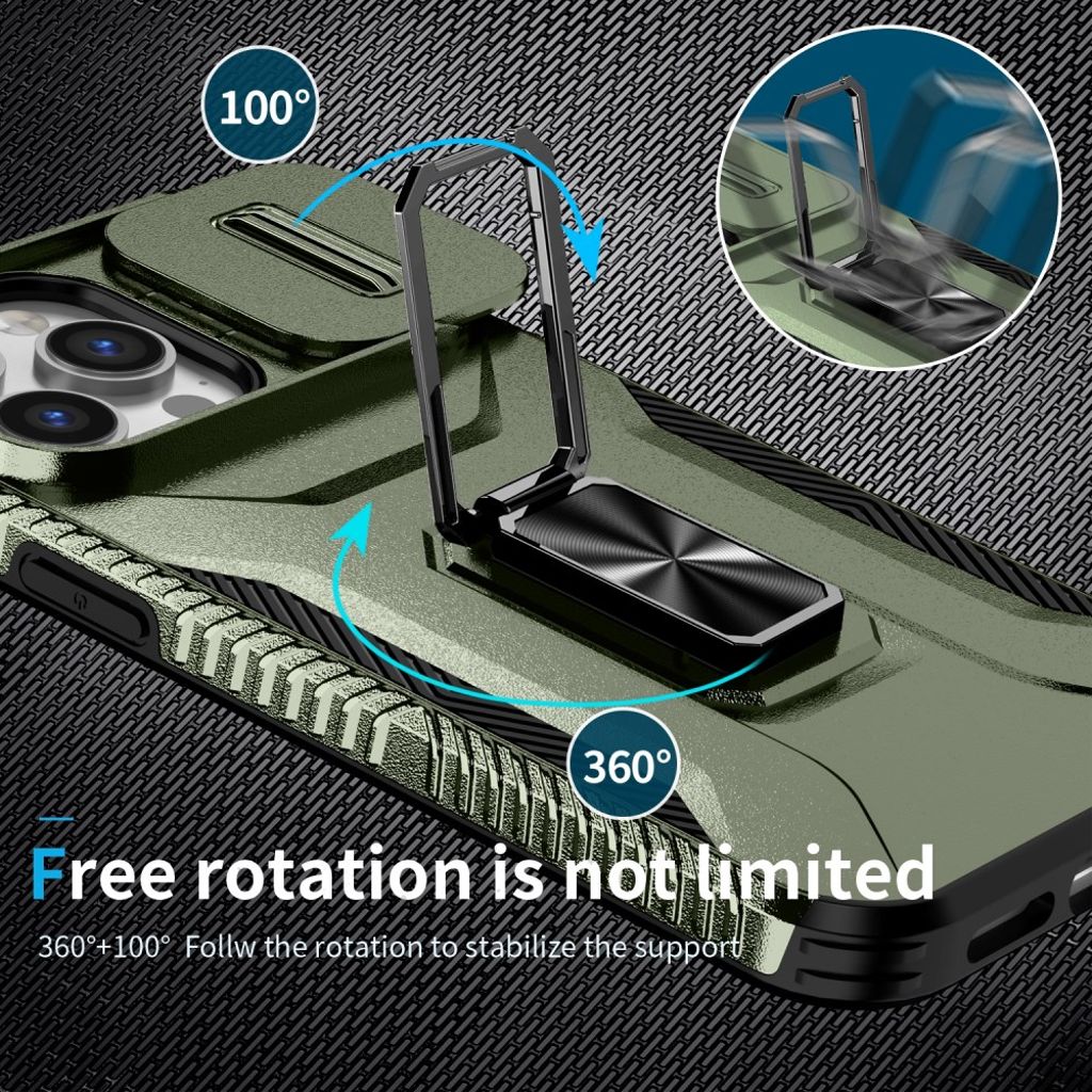 iPhone 14 Pro Max Skal med Skjutbart Kameraskydd och Stativ – Grön