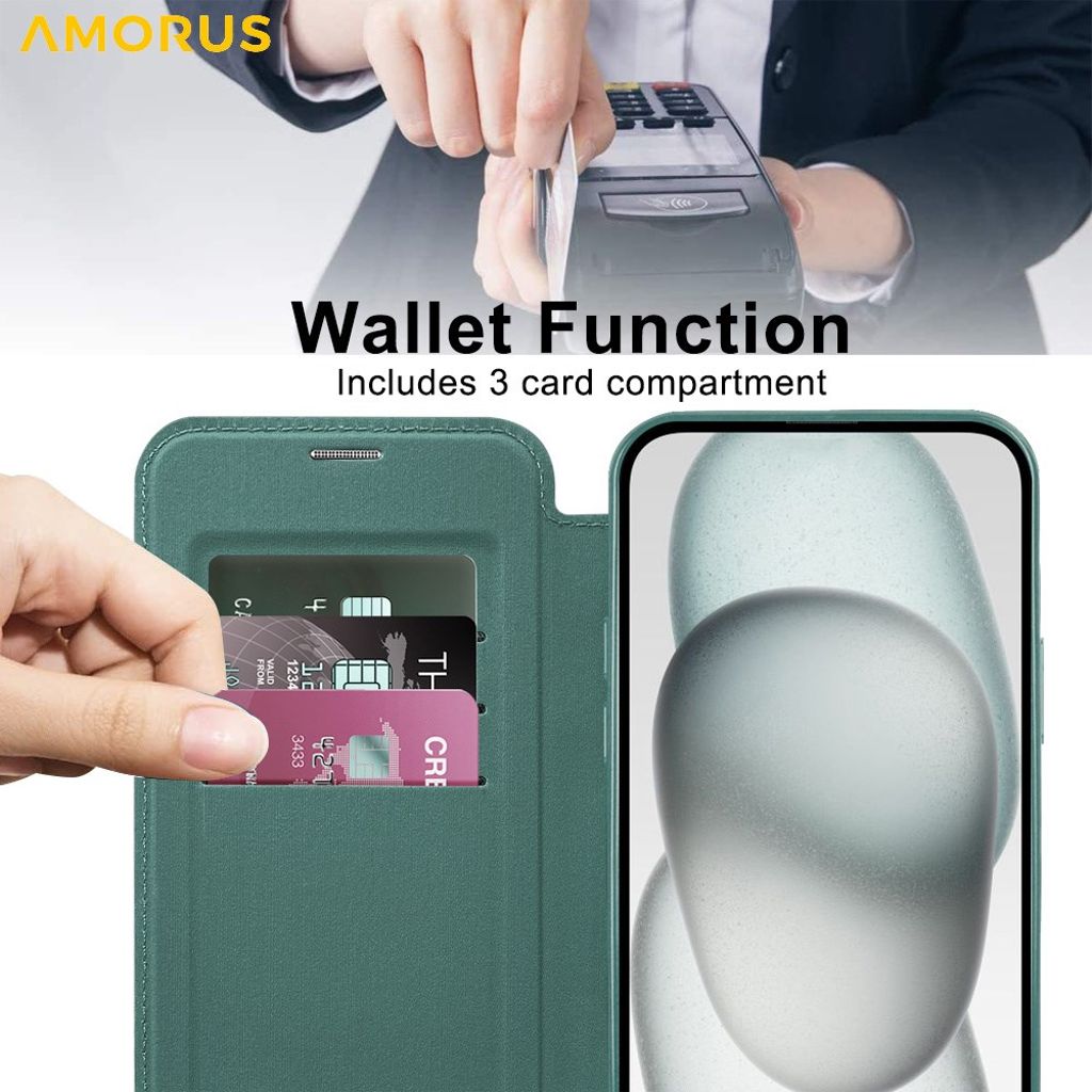 AMORUS iPhone 14 MagSafe Kortholder Pungetui – Mørkegrøn