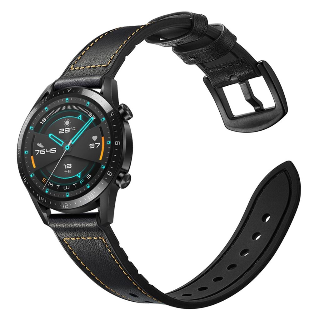 Huawei Watch GT/GT 2 jne. Kellon ranneke aitoa nahkaa/silikonia – musta