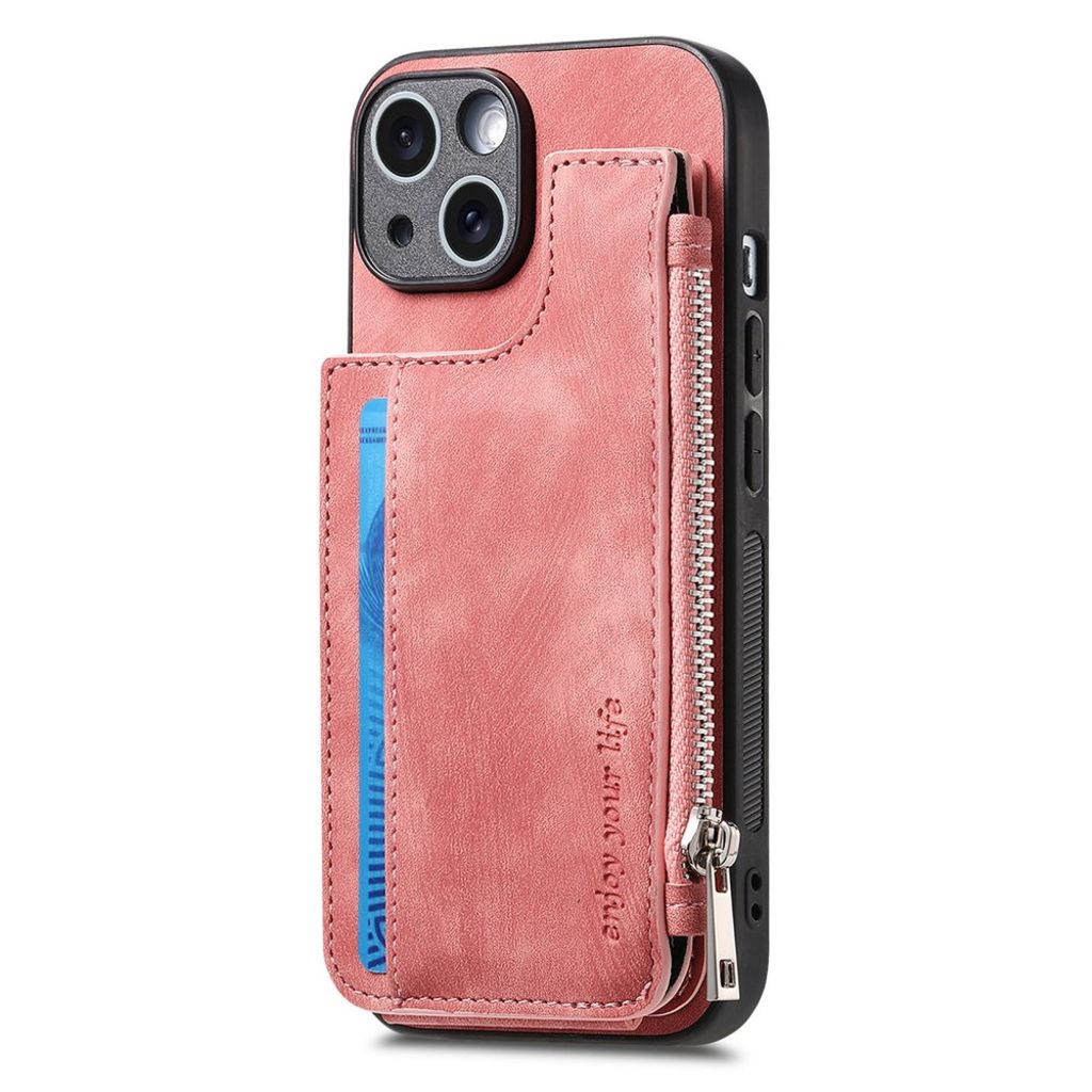 iPhone 14 Pungcover med Kortholder og Stativ - Lyserød