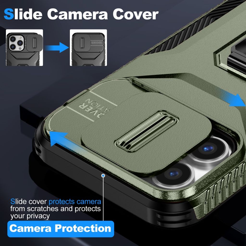 iPhone 14 Pro Max Skal med Skjutbart Kameraskydd och Stativ – Grön