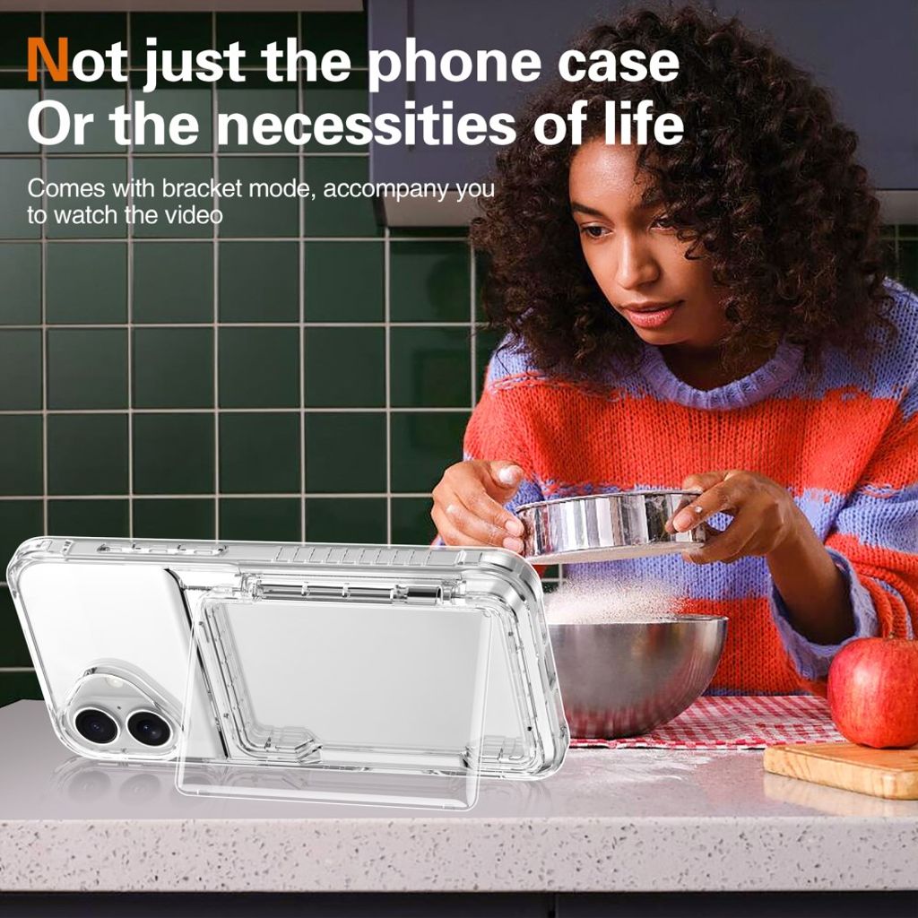 iPhone 17 Skal med stativ och kortfack – Transparent svart