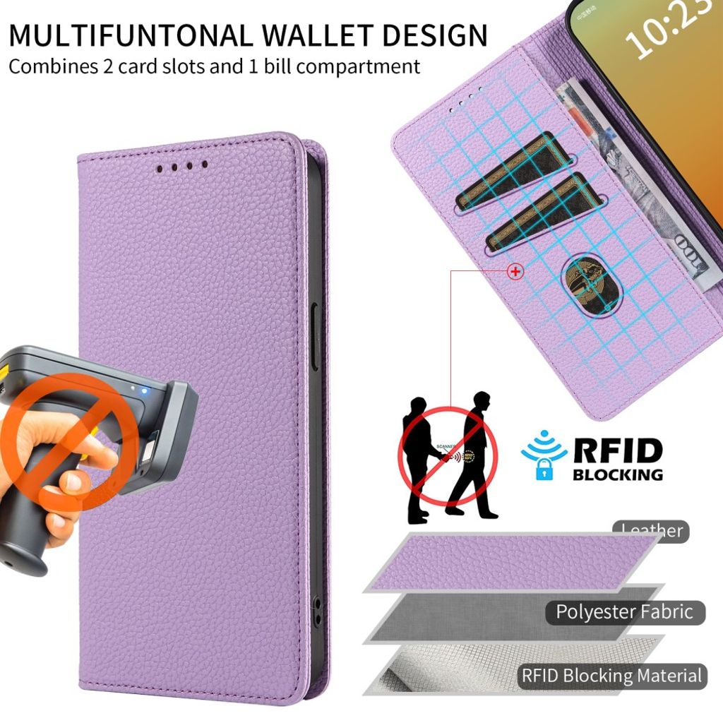 iPhone 14 Pro Max Wallet Cover RFID Blocking Magnetic - Purple
