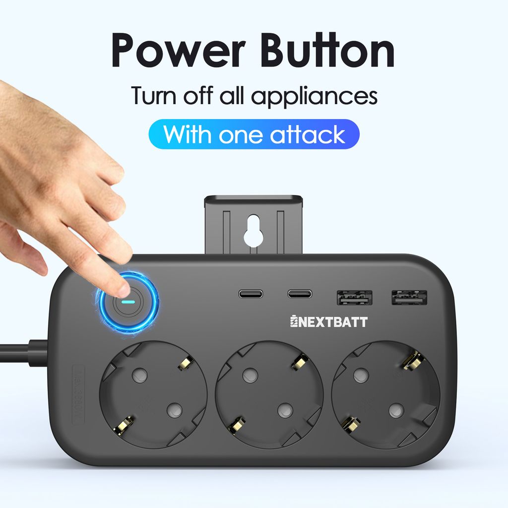 NEXTBATT Forgreningsskinne 3 stikkontakter 230V/2x USB-A/2x USB-C, 150cm