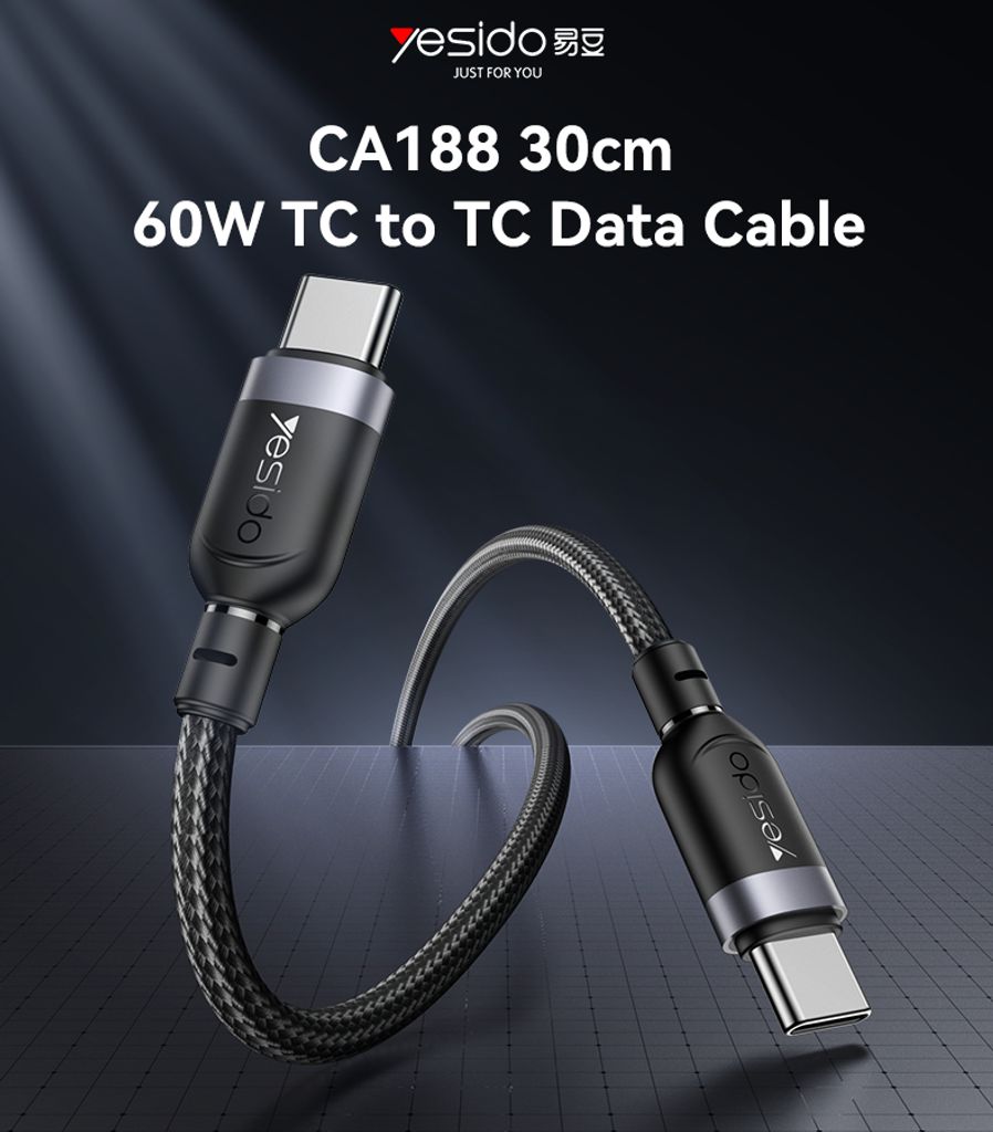 Yesido CA188 USB-C til USB-C-kabel 60 W hurtiglading 0,3 m – svart