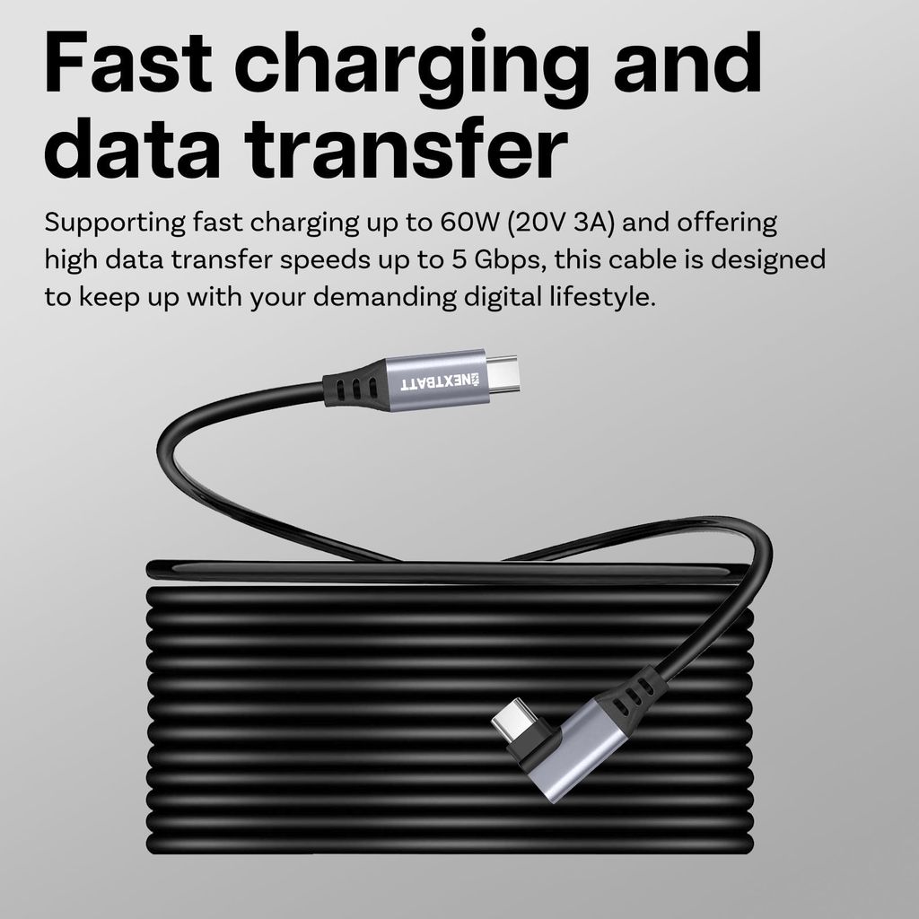 NEXTBATT USB-C - USB-C -kulmakaapeli 60W 3A 5Gbps 5m