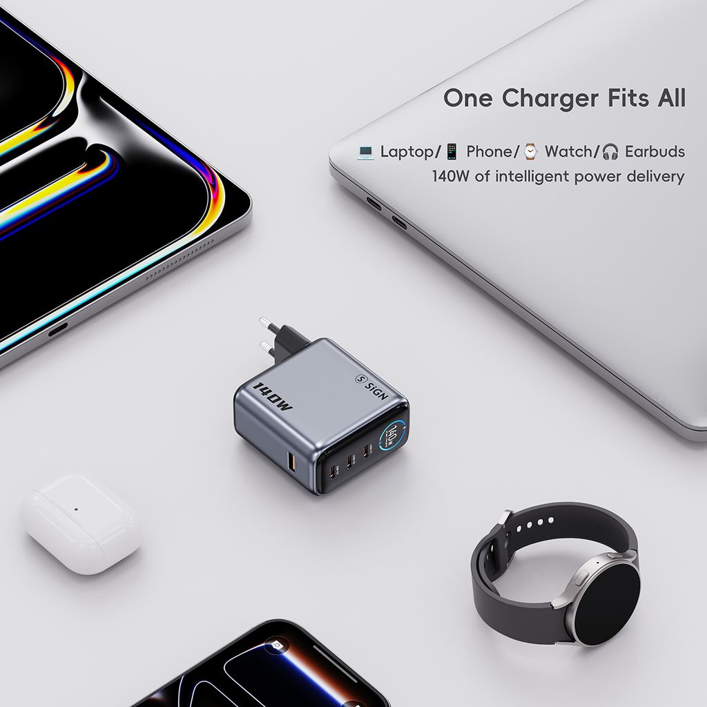 SiGN 140W Snabbladdare med Smart Display – 3x USB-C / 1x USB-A - Grå