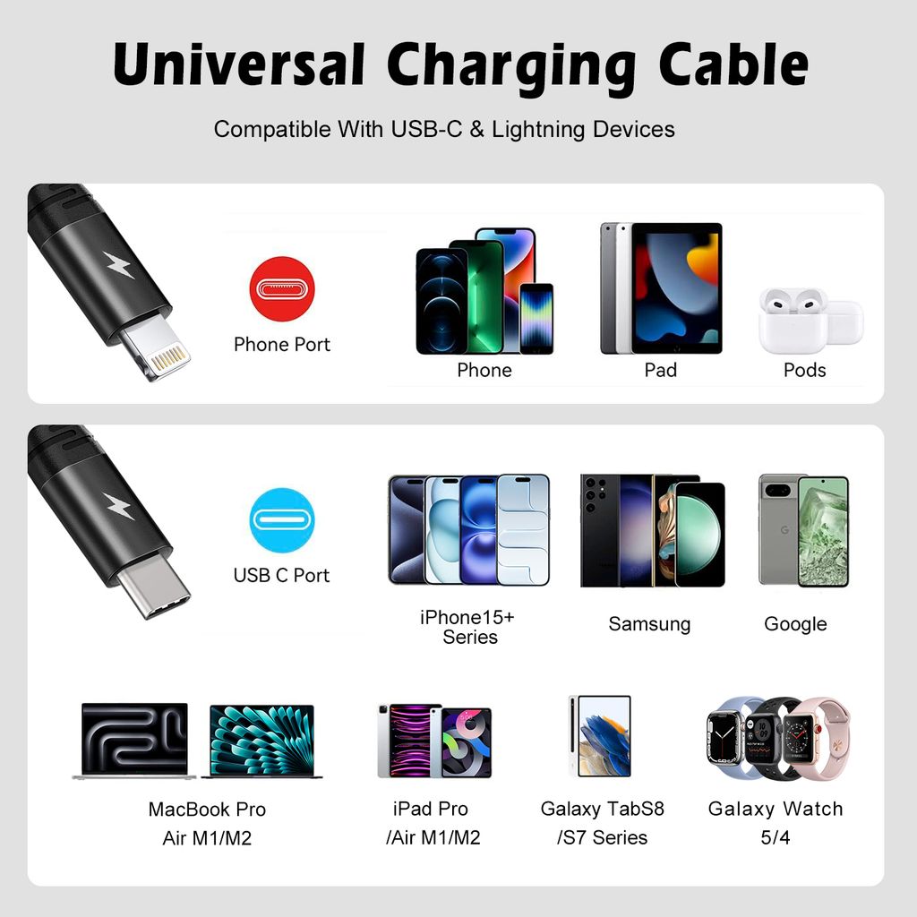 SiGN 3-i-1 USB-C-kabel Lightning 27W og 2x USB-C 60W – Svart