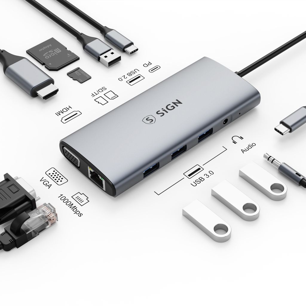 SiGN 11-i-1-hub USB-C til HDMI/VGA/RJ45/USB-C/USB-A/SD/TF/3,5 mm - Sølv