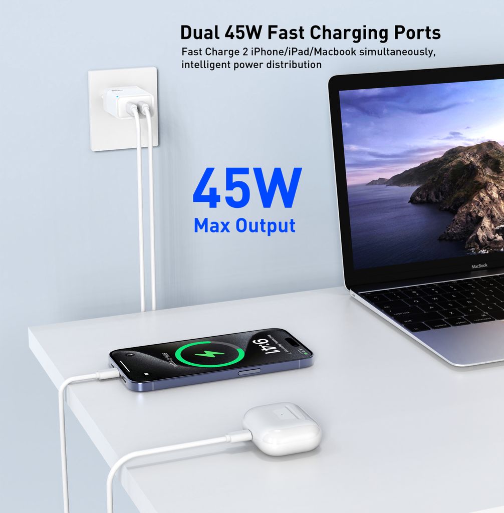 SiGN Dual USB-C PD Lader 45W for bærbar PC og smarttelefoner - Hvit