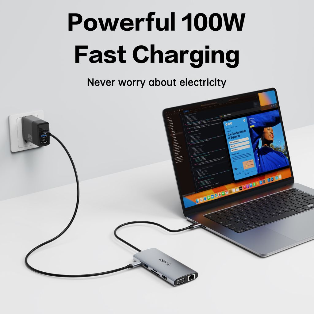 SiGN 11-i-1-hub USB-C til HDMI/VGA/RJ45/USB-C/USB-A/SD/TF/3,5 mm - Sølv