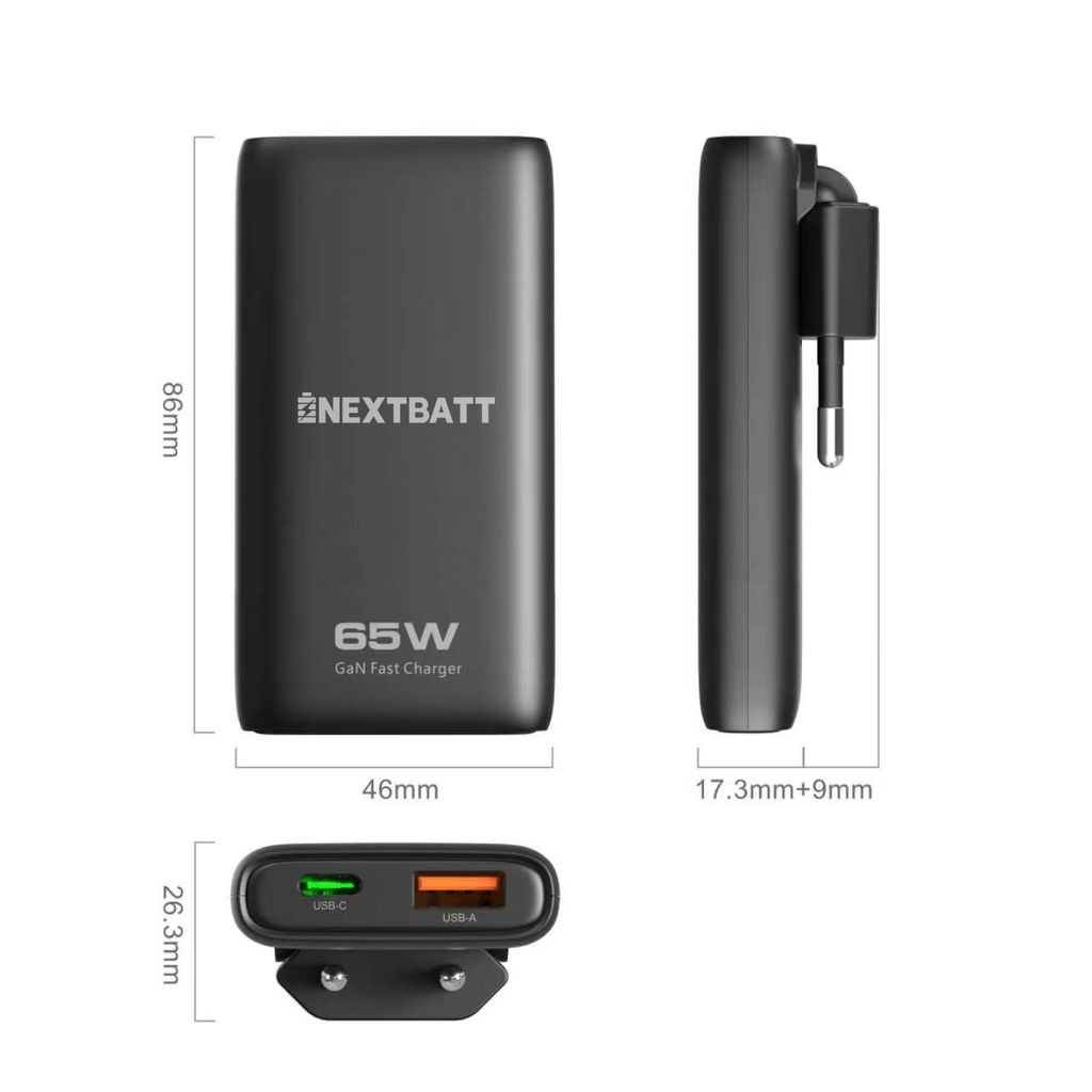 NEXTBATT GaN Ultra Slim Ladegerät, faltbar, 65 W, USB-C/USB-A – Schwarz