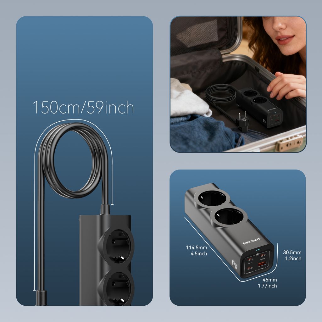 NEXTBATT 67W Fast Charging Power Strip 2-way/ 3xUSB-C/1x USB-A, 2m - Black
