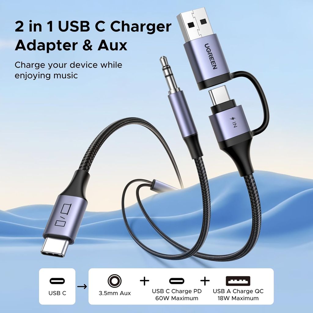 UGREEN USB-C till 3,5 mm ljudadapter och laddningskabel, 1,5 m