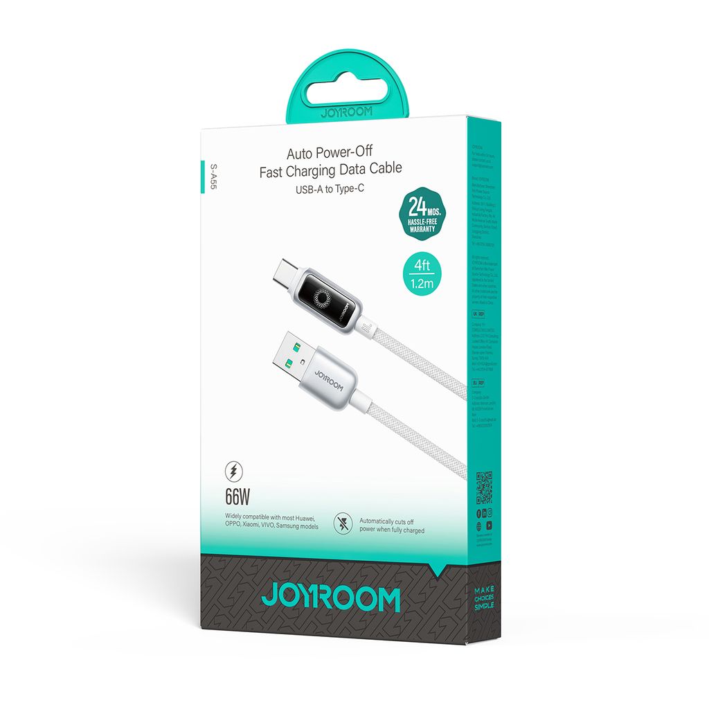 Joyroom USB-A to USB-C Fast Charging Data Cable 66W, 1.2m - White