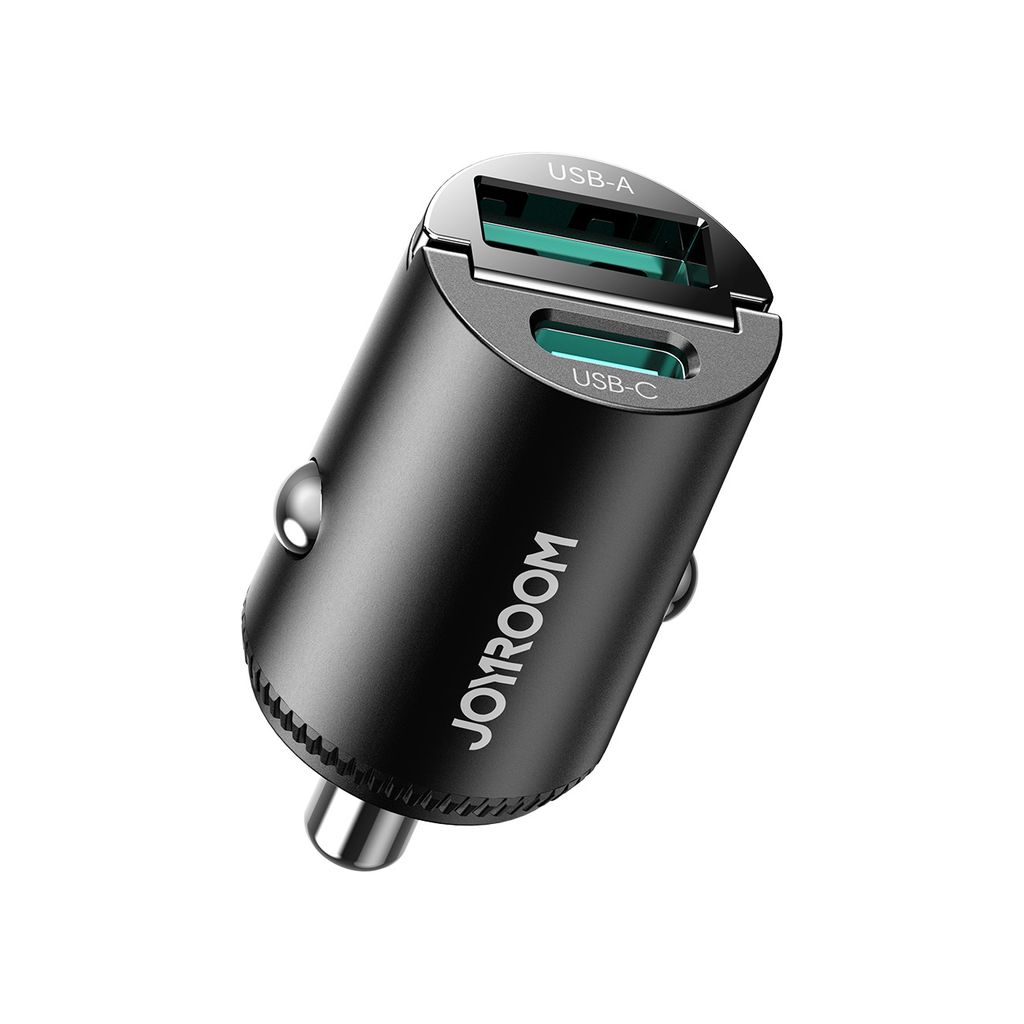 Joyroom JR-CCN18 USB-A/USB-C mini billaddare med dragring – svart