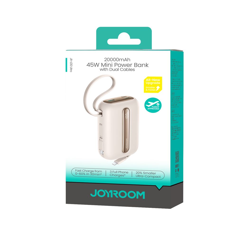 Joyroom JR-L012 Ultra powerbank 20000mAh met USB-C/Lightning-kabels - Abrikoos