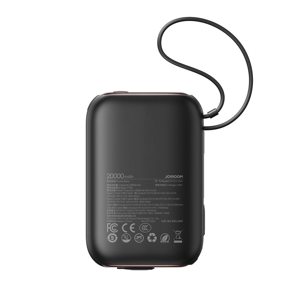 Joyroom JR-L012 Ultra powerbank 20000mAh met USB-C/Lightning-kabels - Zwart