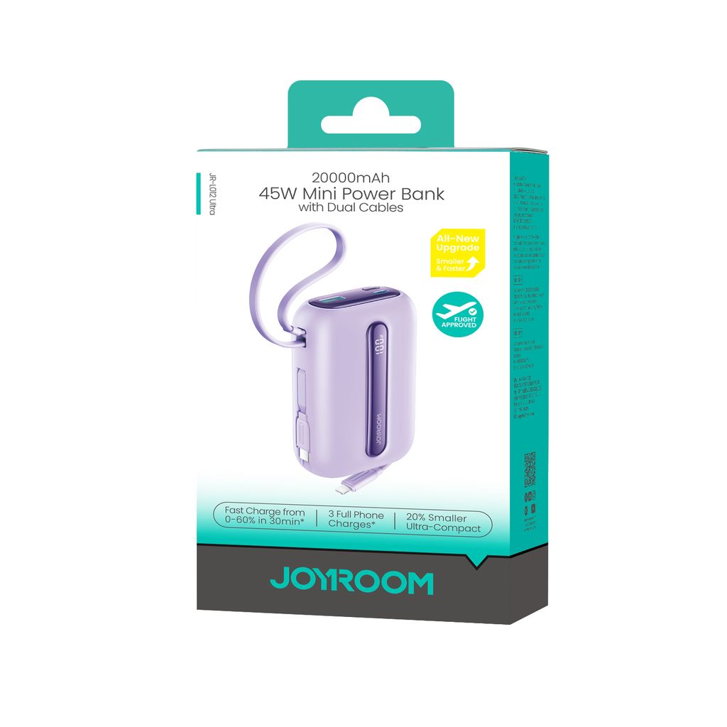 Joyroom JR-L012 Ultra powerbank 20000mAh met USB-C/Lightning-kabels - Paars