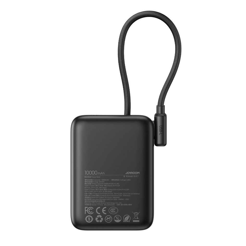 Joyroom JR-PC1 22.5W mini powerbank 10000mAh med USB-C/Lightning-kablar – Svart