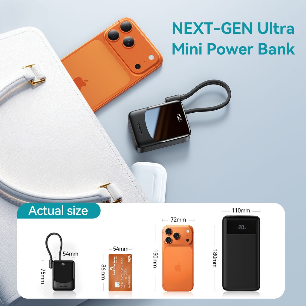 Joyroom JR-PC1 22.5W mini powerbank 10000mAh med USB-C/Lightning-kablar – Svart