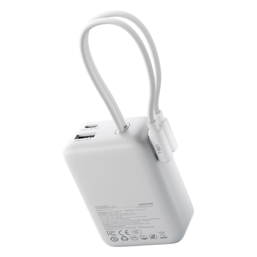 Joyroom JR-PC1 22.5W mini powerbank 10000mAh med USB-C/Lightning-kablar – vit