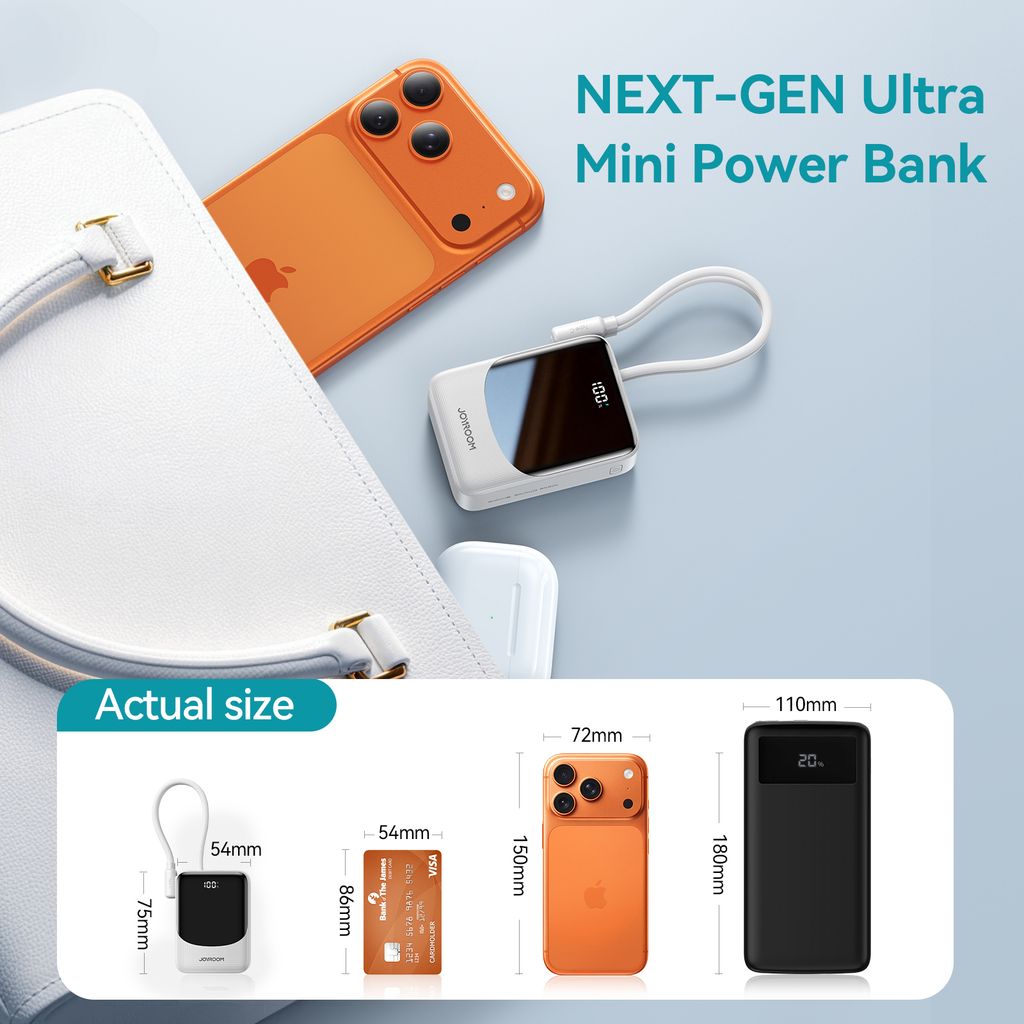 Joyroom JR-PC1 22.5W mini powerbank 10000mAh med USB-C/Lightning-kablar – vit
