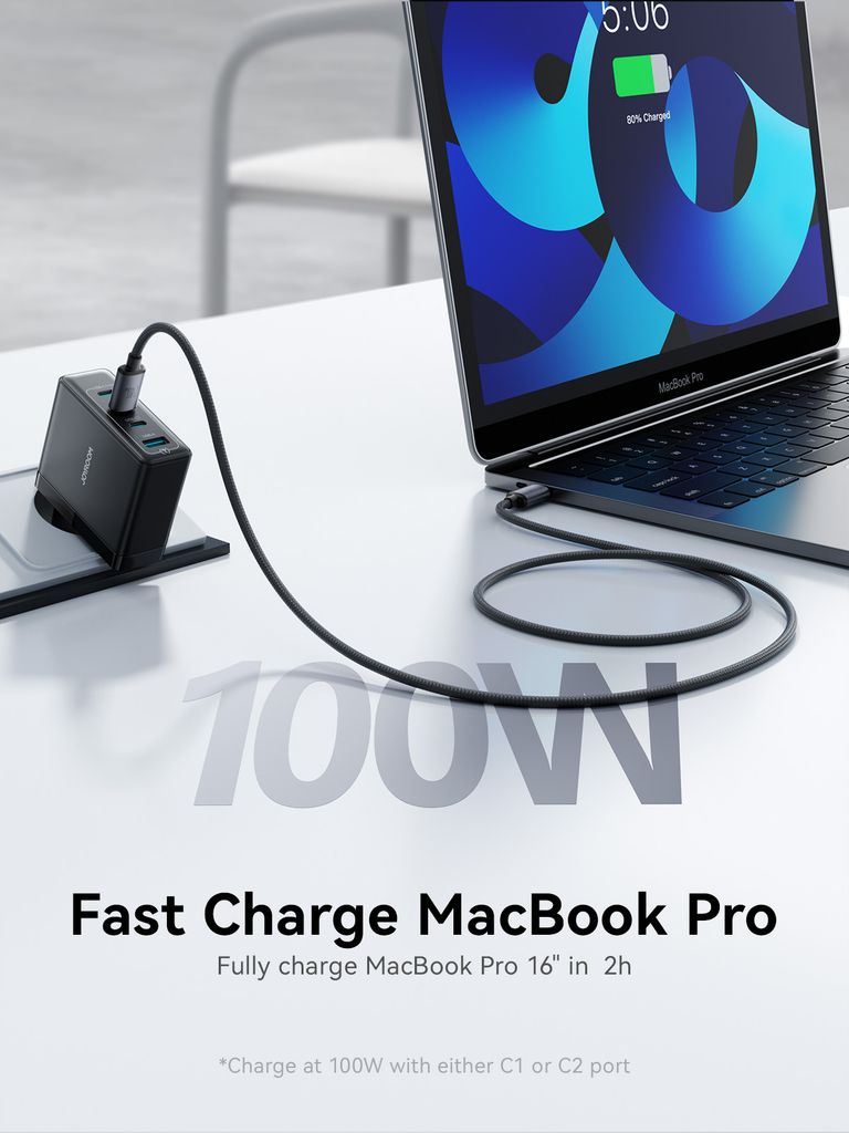 Joyroom 100W GaN Moniporttipikalaturi USB-C-kaapelilla 240W, 2m – Musta
