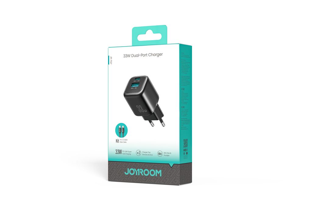 Joyroom JR-TG7 dubbelladdare 33W + A9 USB-C-kabel 60W 1m – svart