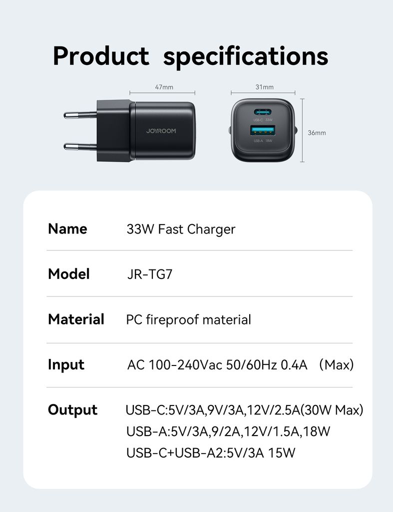 Joyroom JR-TG7 33W dobbel lader + A9 USB-C-kabel 60W 1m – hvit