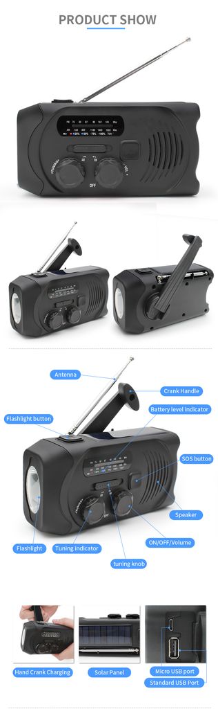 SiGN Vevradio med Solceller, Ficklampa och 2000mAh Powerbank