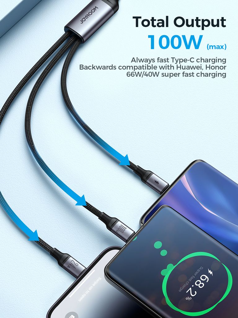 Joyroom 3-in-1 USB-A - Lightning, USB-C, Micro-USB, 100W, 1.2m - Musta