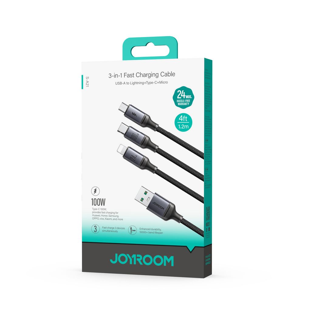 Joyroom 3-in-1 USB-A - Lightning, USB-C, Micro-USB, 100W, 1.2m - Musta